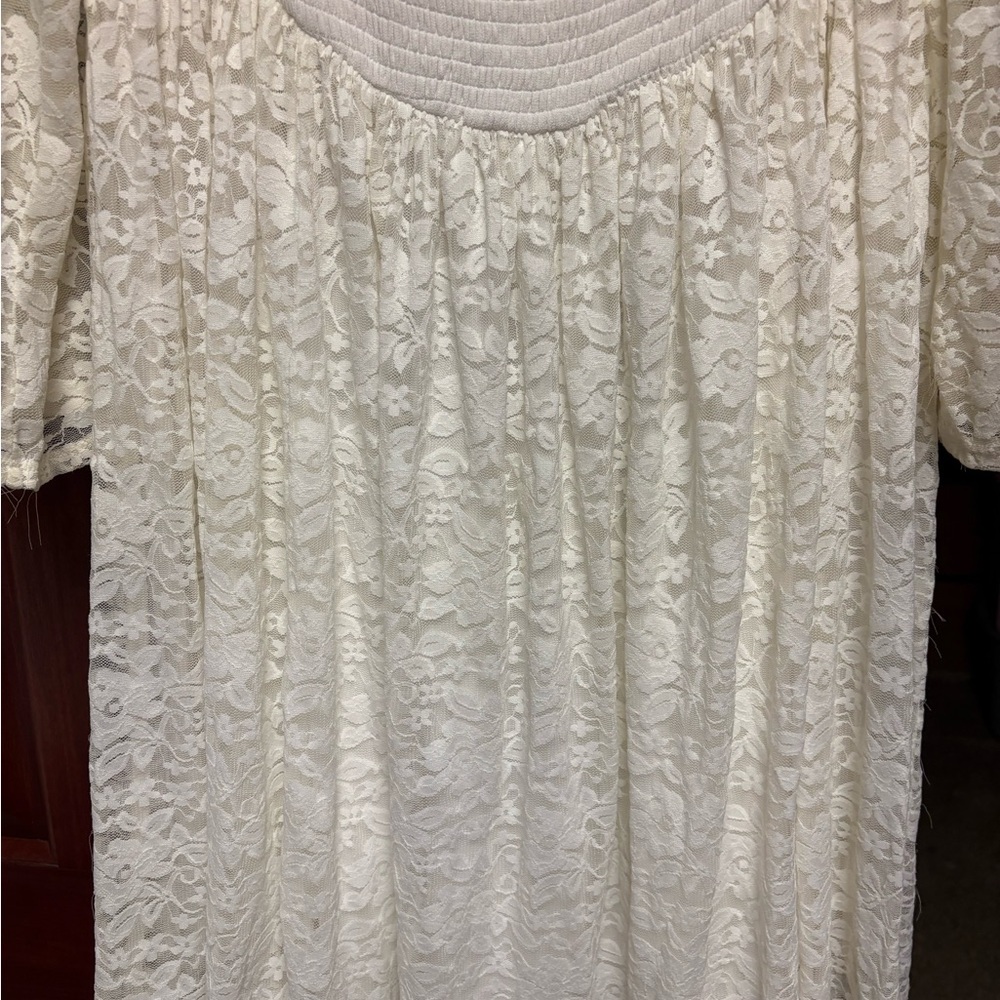 NWOT TORRID 3 CREAM OFF THE SHOULDER LACE BELL SLEEVES BABYDOLL SMOCKED DRESS - Picture 3 of 15
